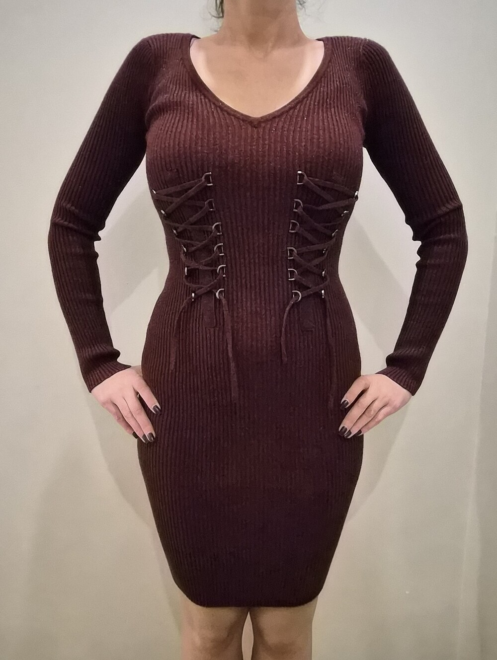 Guess Long Sleeve Ribbed Lace-Up Bodycon Dress - Burgundy
